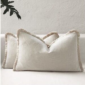 Set Of 2 Decorative Linen Pillow Covers With Fringe 12”x20” Natural Beige New